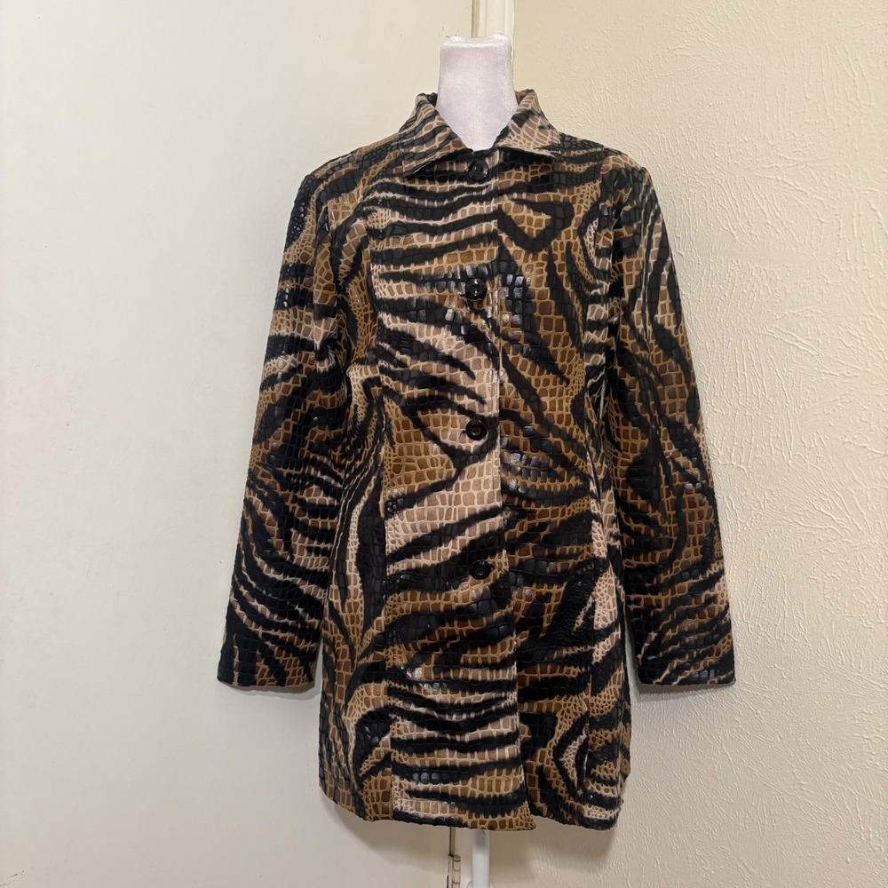 Brown Zebra Croc Animal Snakeskin Print Button Up Jacket Y2K Chic Artsy Glam M